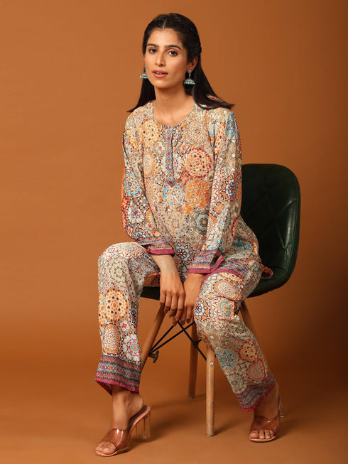 Shivani Girdhar in Samma Chikankari Co-ord Set in Polysilk for Women- Orange multicolour Print